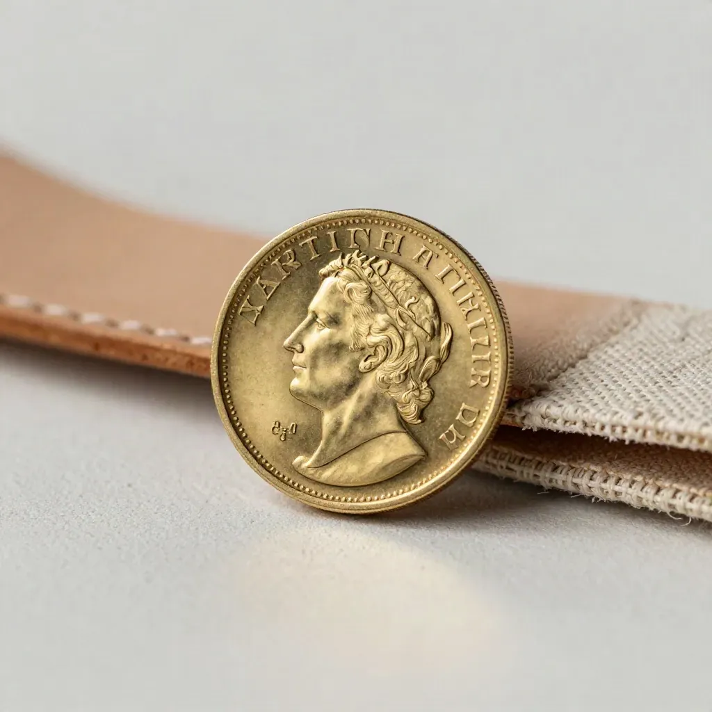 Gold Britannia coin beside leather and linen on a pale plaster surface.