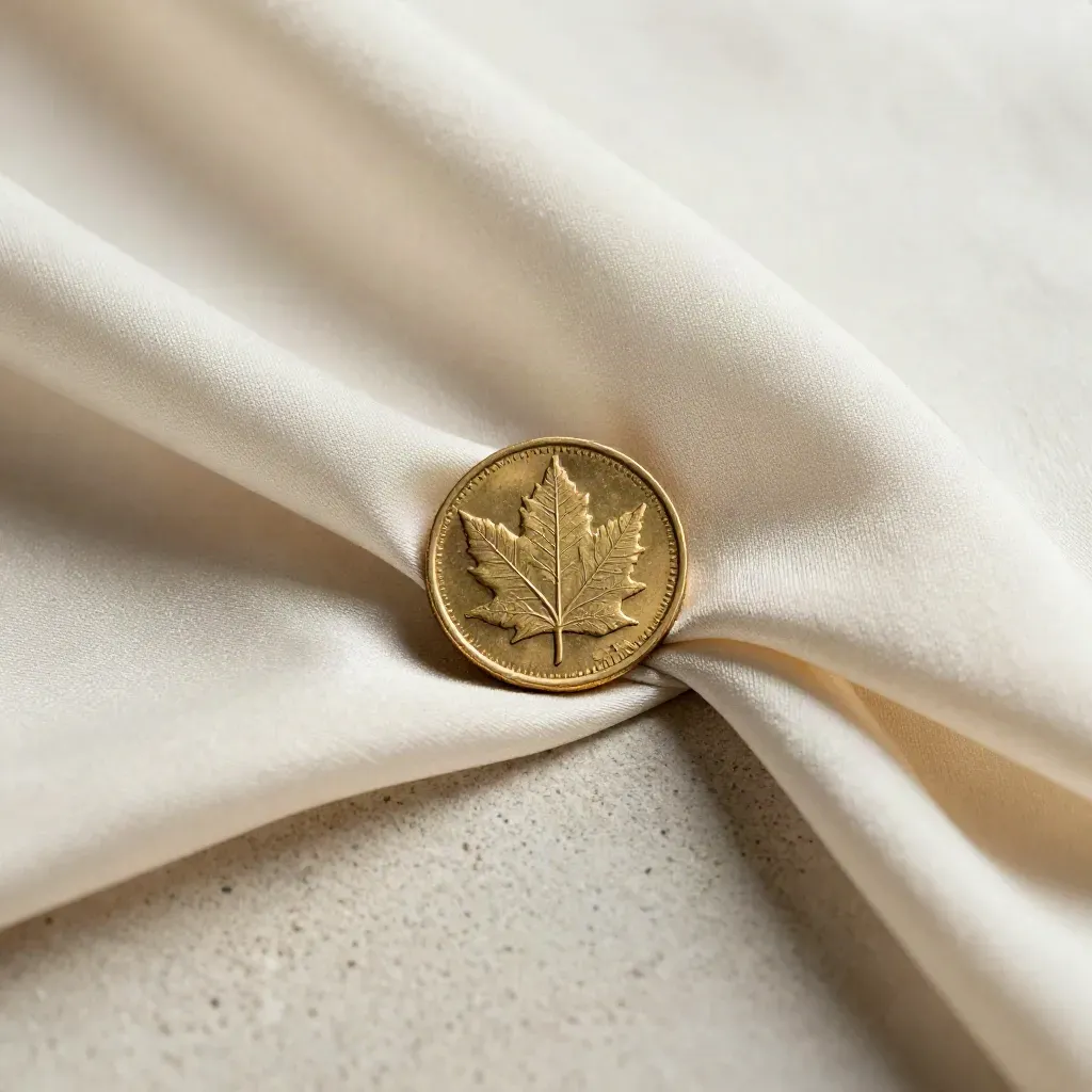 Gold Maple Leaf coin emerging from cream silk on pale stone, top-down macro