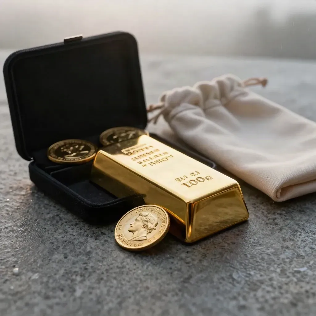 Gold bullion bar with two coins, velvet tray and ivory pouch in misty dawn light
