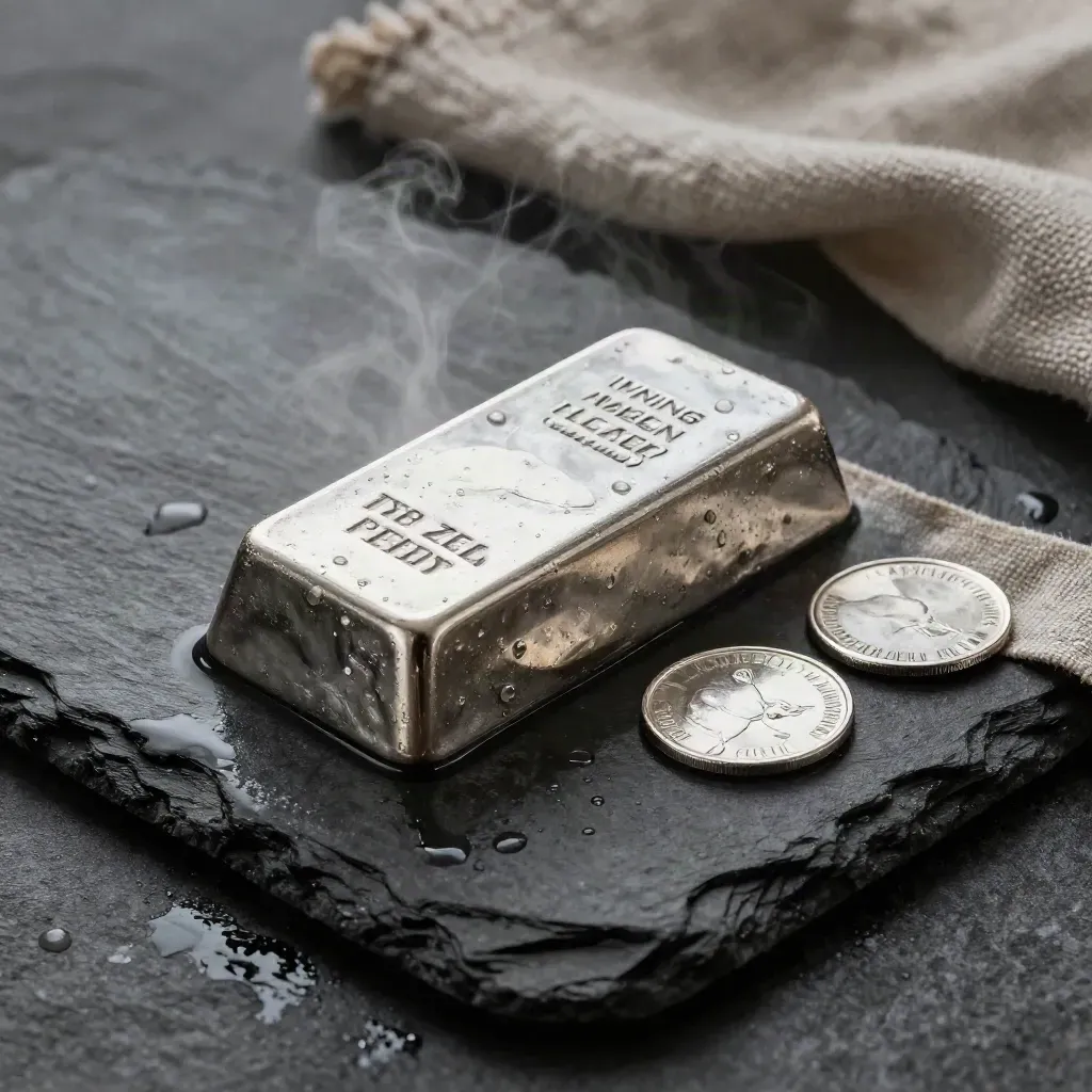 Silver bullion bar with two rounds on wet slate, linen strip, and faint steam