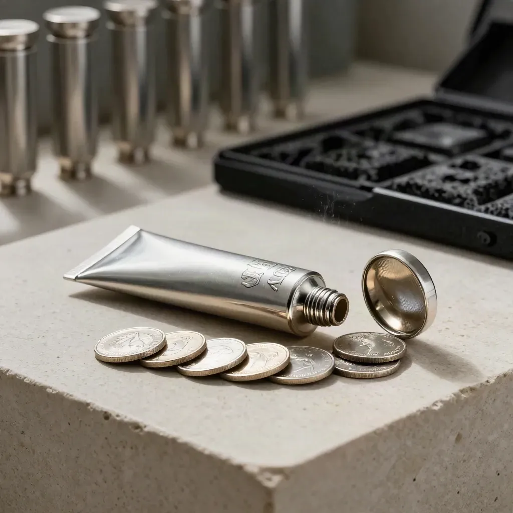 Silver bullion tube and loose coins on pale stone with cool dramatic rim light.