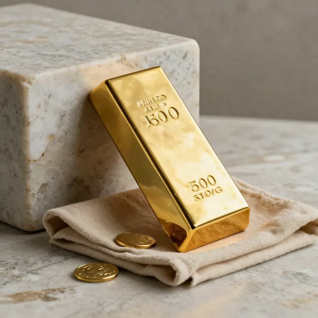 Gold cast bar leaning on travertine with two coins and suede cloth in soft side light.