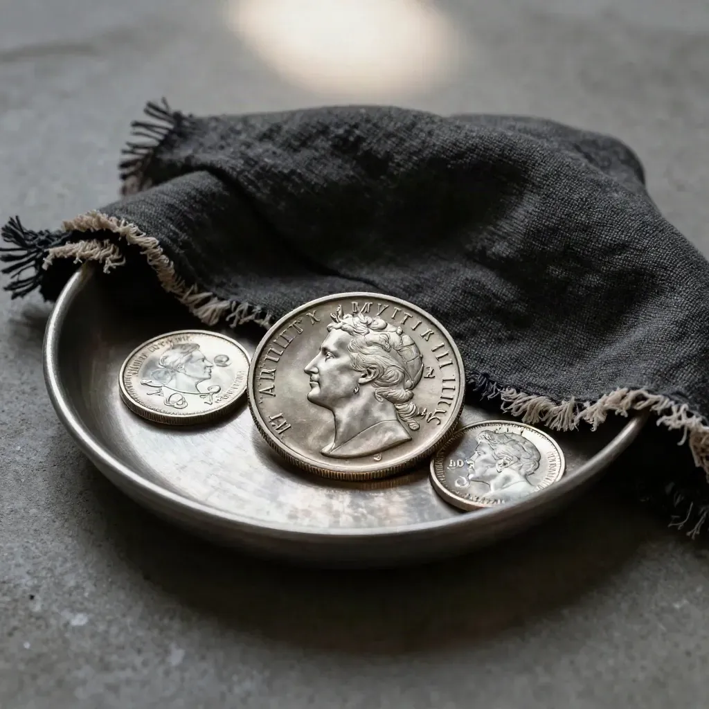 Silver coin in a brushed steel tray with two rounds and dark linen on concrete.