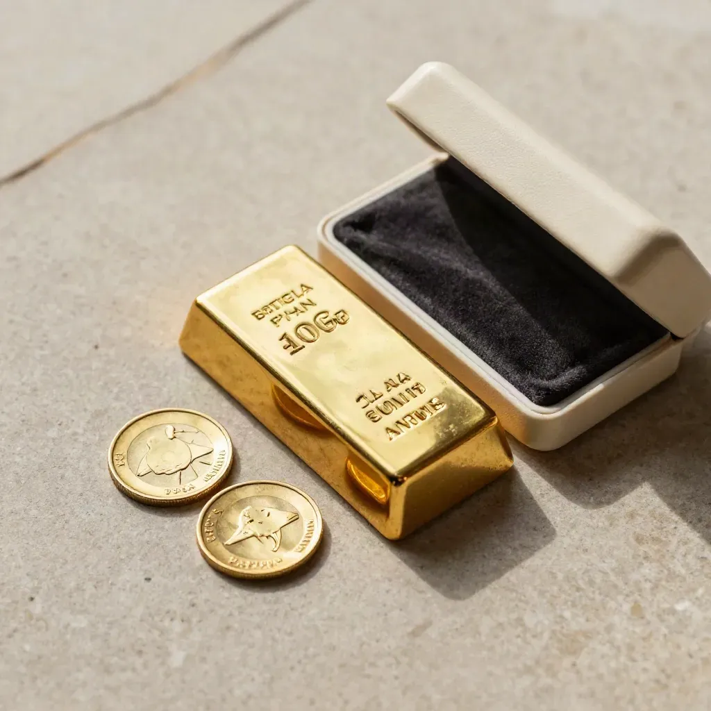 Top-down macro of a gold bar, two tiny coins, velvet pad and open case on matte limestone.
