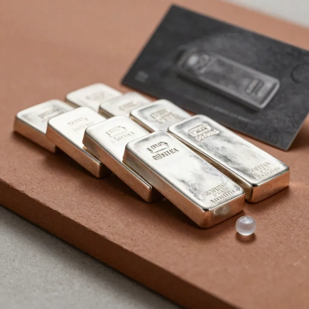 Fanned silver bars with a clear capsule on terracotta plaster, lit by a soft diagonal beam.