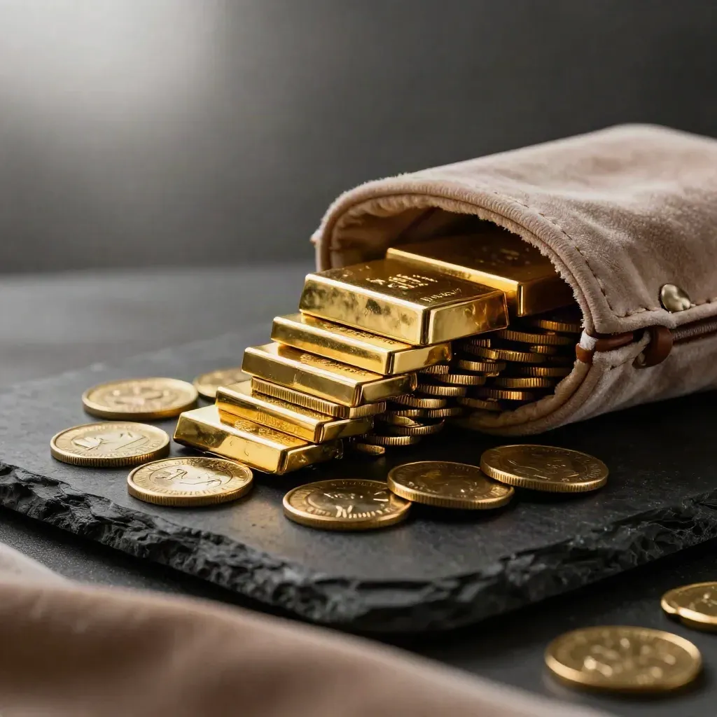 Gold bars and coins with velvet roll and leather pouch on a black stone slab.