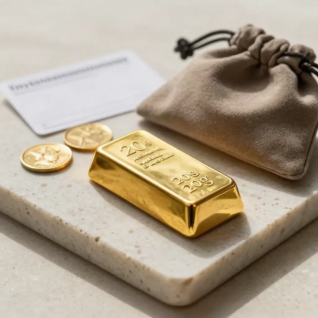 Gold bullion bar with two tiny coins and a suede pouch on pale travertine.