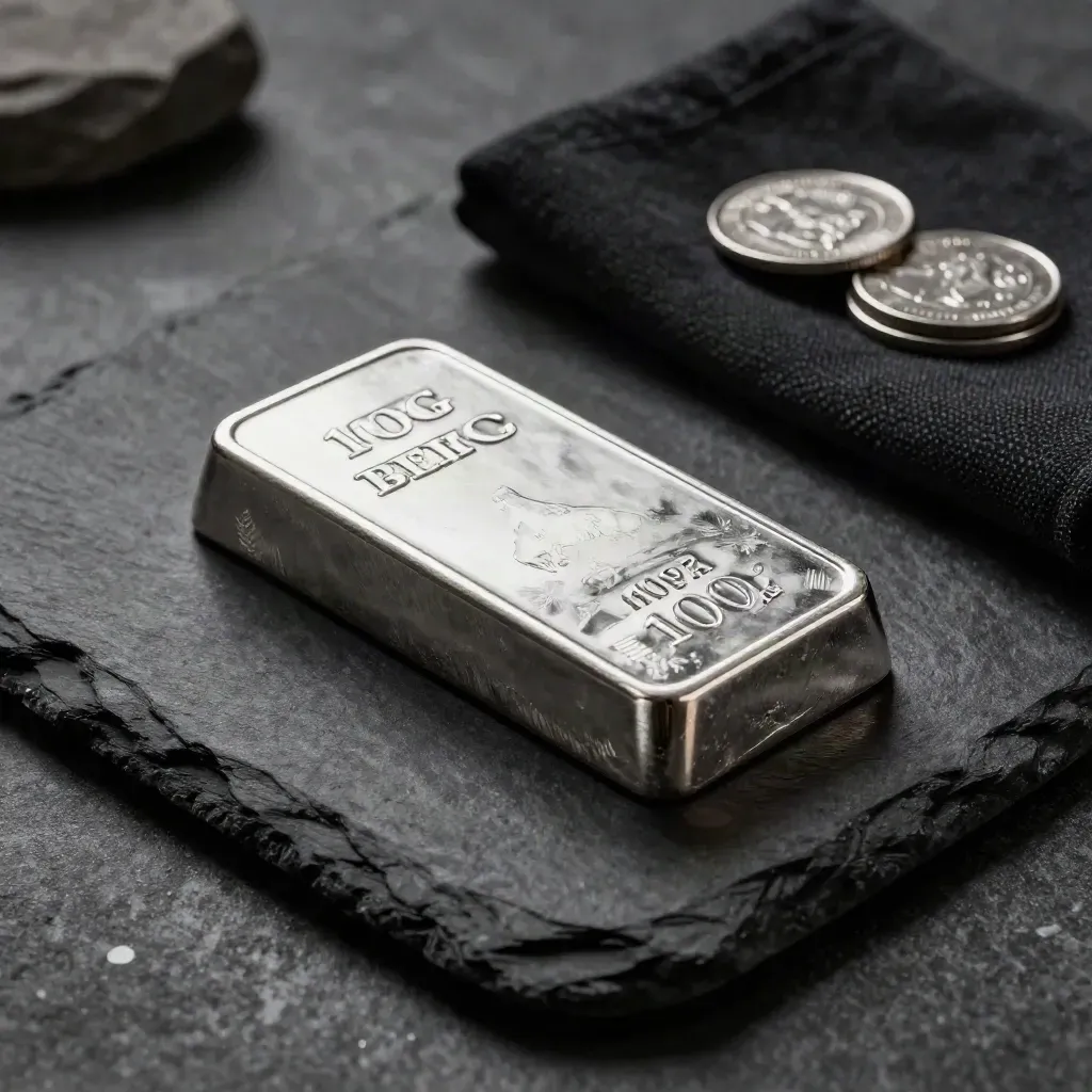 Silver bullion bar with coin stack on a dark cloth, lit dramatically on a charcoal slab.