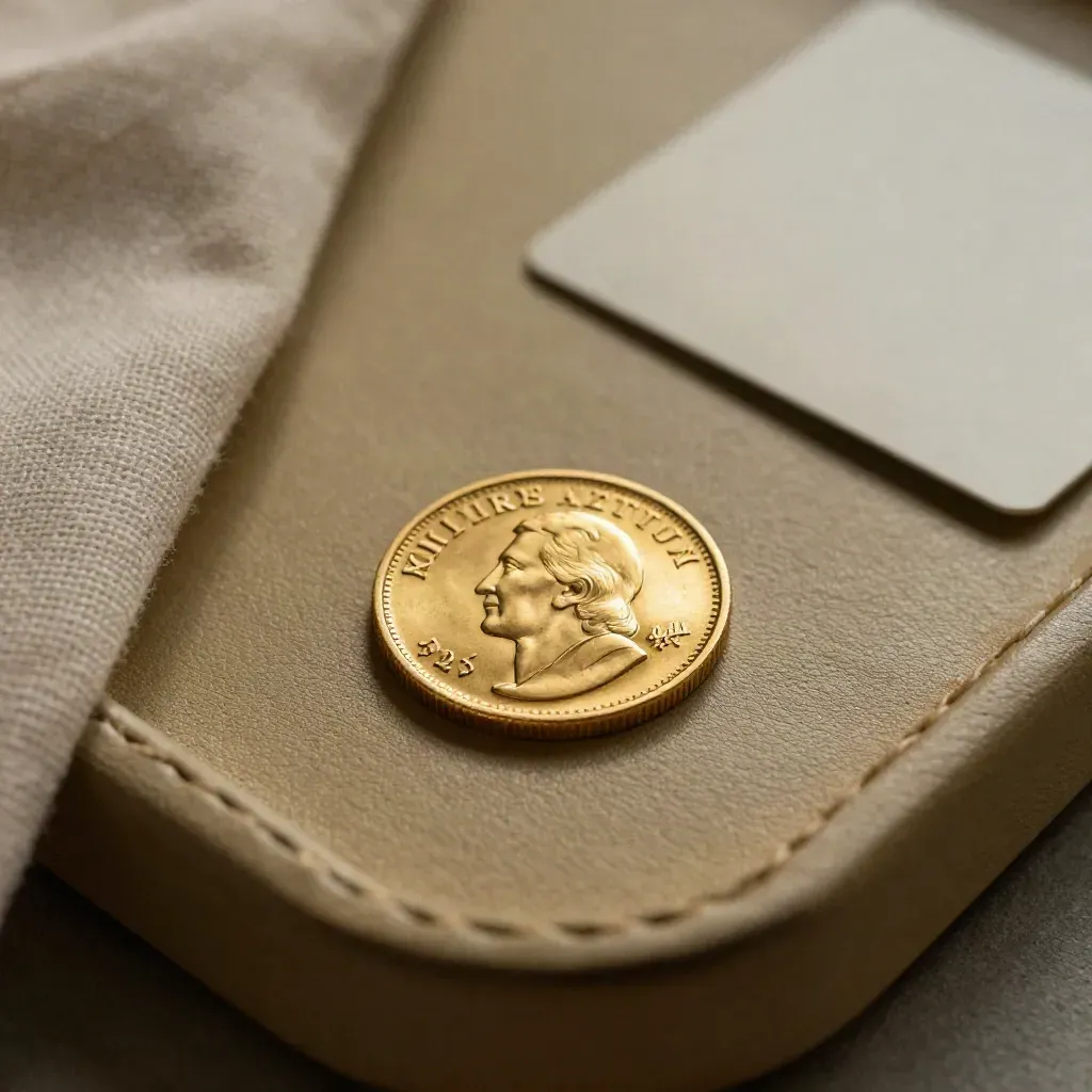 Gold coin on a leather tray with linen swatch in soft luxury light.