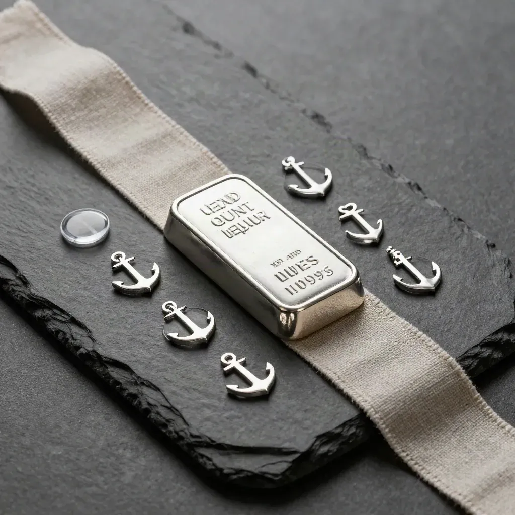 Overhead silver bullion bar with two capsules and a pale cloth strip on stone.