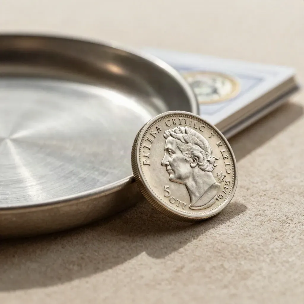 Macro silver Britannia coin emerging from suede beside a brushed steel dish.