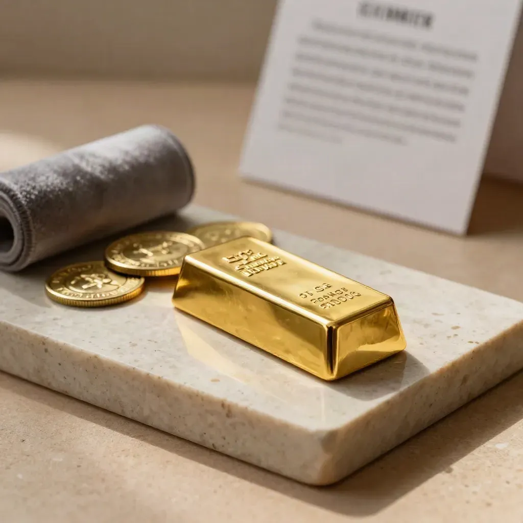 Gold bullion bar with coins and an open velvet roll on pale stone.
