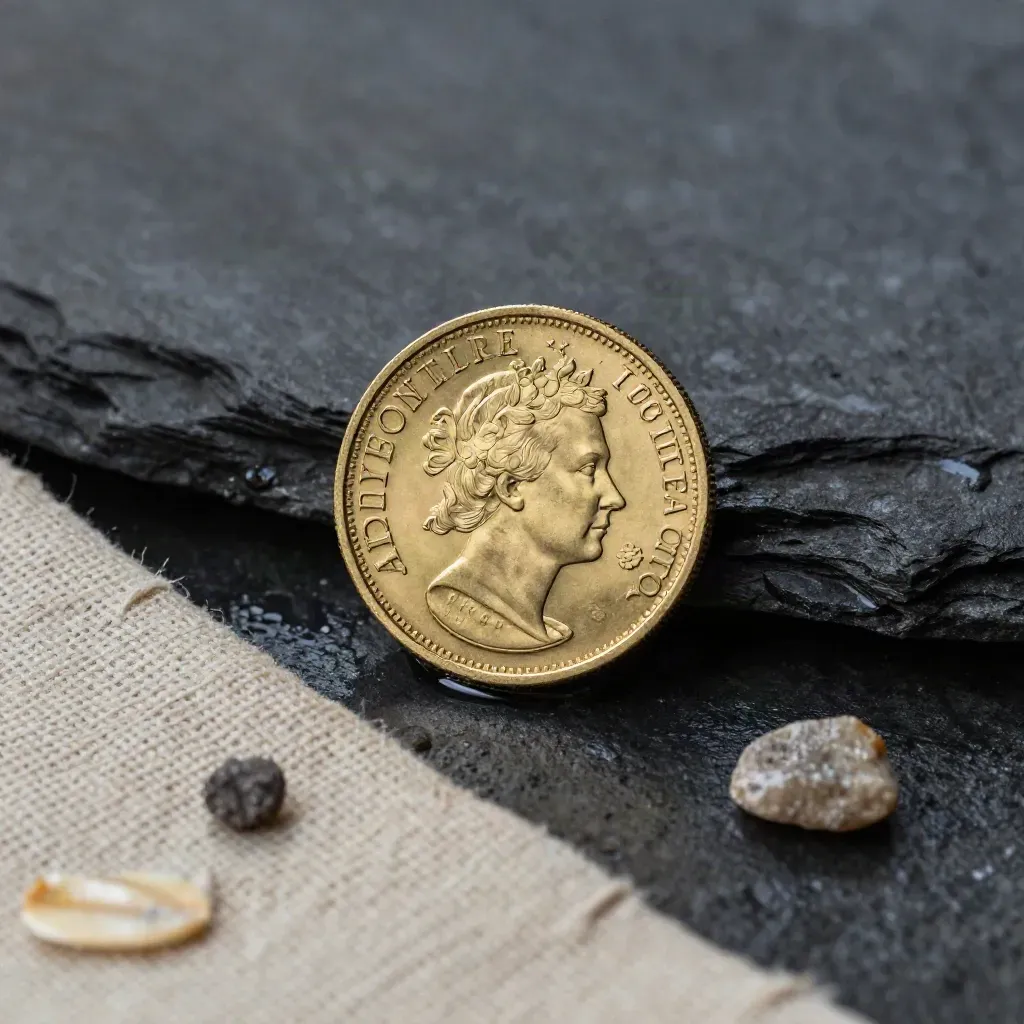 Gold Britannia coin on wet stone beside linen and a water droplet