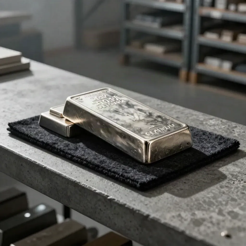 Silver bullion bars on black felt in a cool vault-like setting