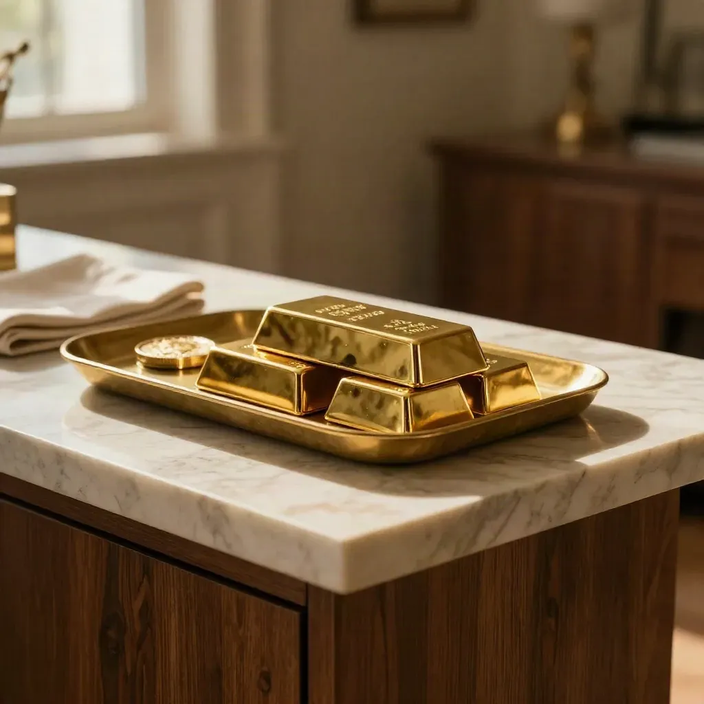 Gold bars on a brass tray beside a marble console in soft late-afternoon light.