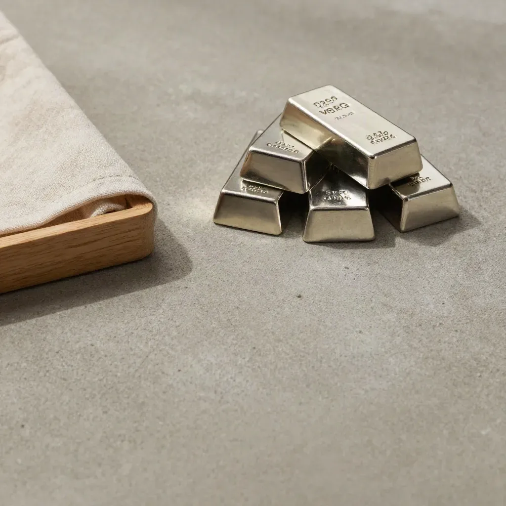 Silver bullion bars on concrete with oak and linen, lit by morning light.